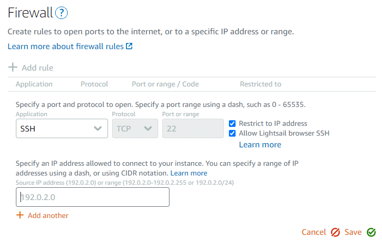 Amazon Lightsail WordPress config firewall settings.